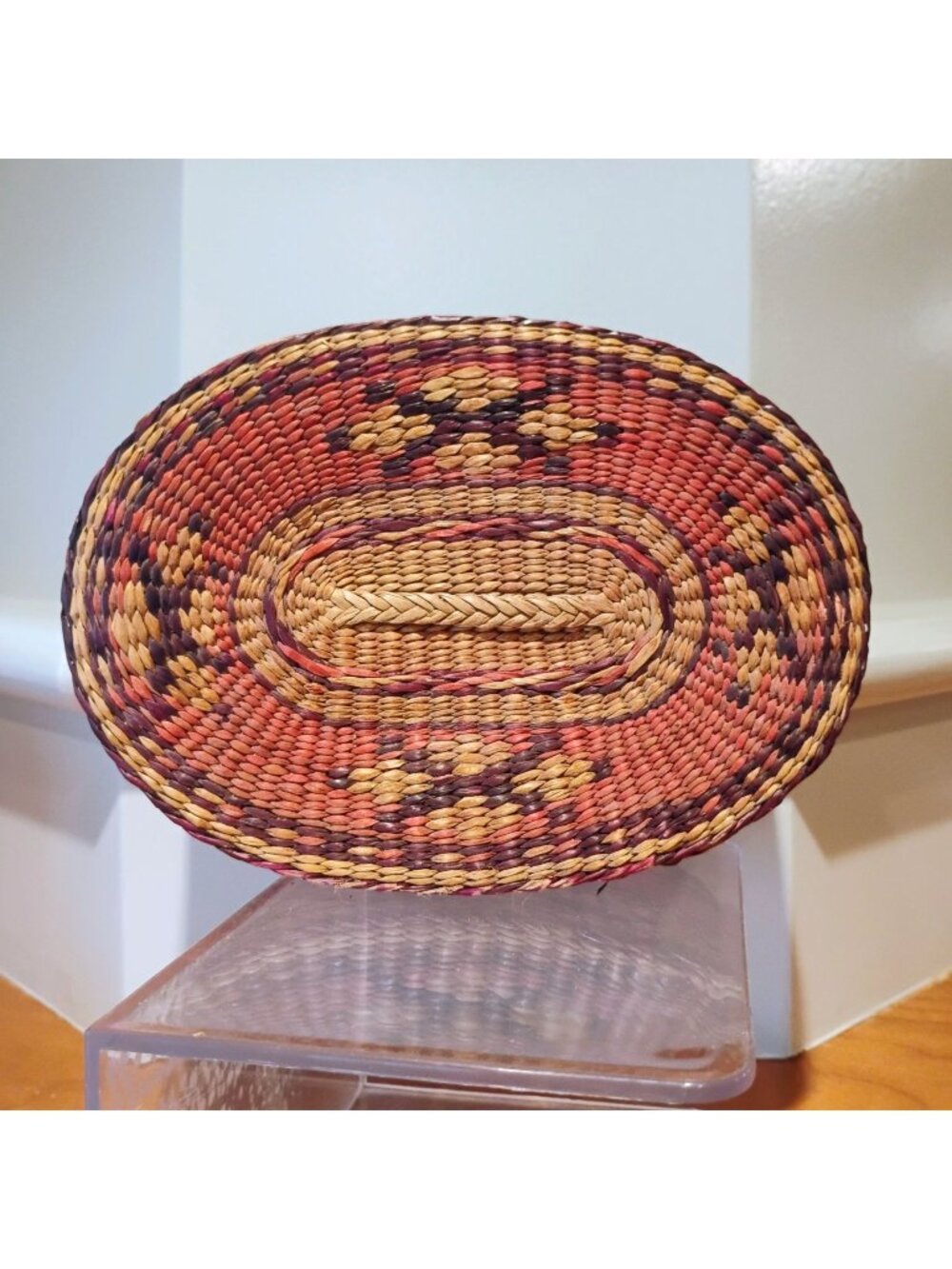 Vtg Handmade Woven Sweet Grass Straw Basket w/Lid Pink Purple Beige Oval